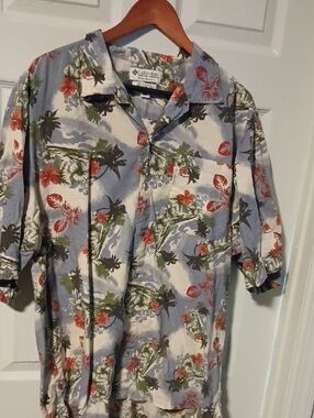 Columbia Light Blue and Cream Hawaiian Shirt with Red & Green Floral Print